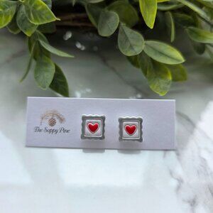 NEW Valentine's Day Red Heart Stamp Polymer Clay Stud Earrings